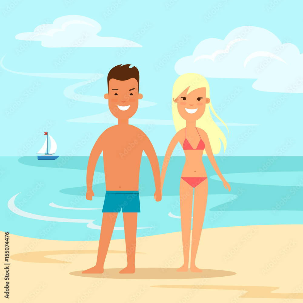 Flat Couple holding hands sea beach background vector. Vacation