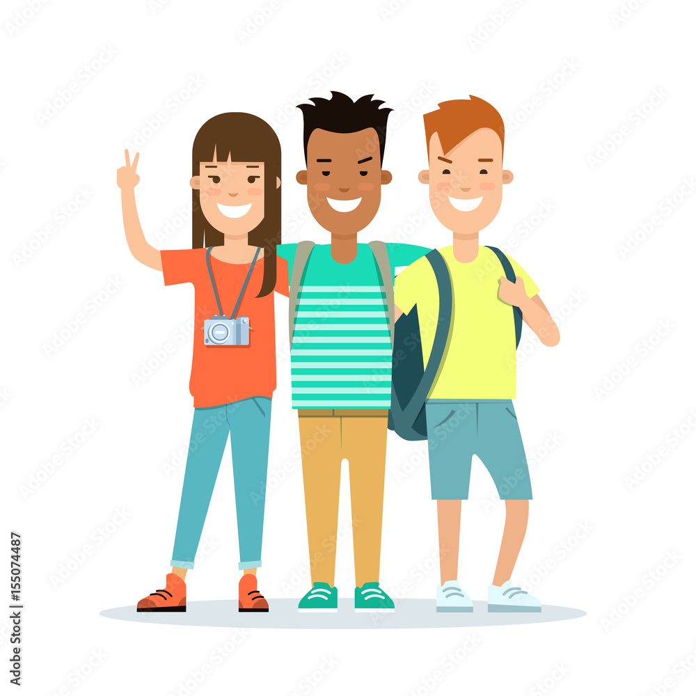 Flat Smiley teens backpack camera vector. Vacation concept. Flat Smiley teens backpack camera vector. Vacation concept.