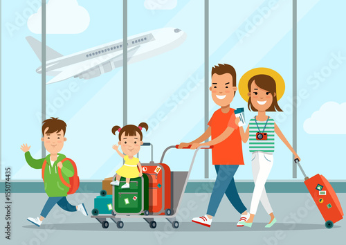 Flat parents children airport truck mom tickets vector. Vacation