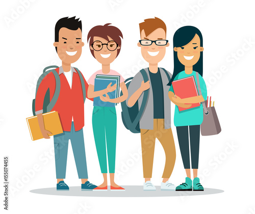 Flat Group student backpack book vector illustration. Education