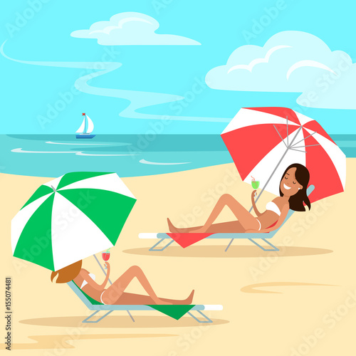 Flat Two girls lying deckchair sea beach vector Vacation concept