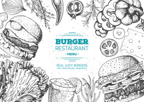 Burgers and ingredients for burgers vector illustration. Fast food, junk food frame. American food. Elements for burgers restaurant menu design. Engraved image, retro style.