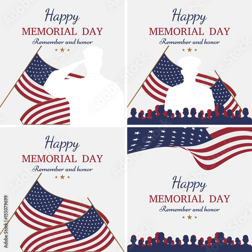 Set happy memorial day. Greeting cards with flag and soldier on background. National American holiday event