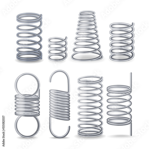 Spiral Flexible Wire. Springs Of Compression, Tension And Torsion. Set Resilient Metal Wire Parts. Different Types Flexible Spiral Elements.