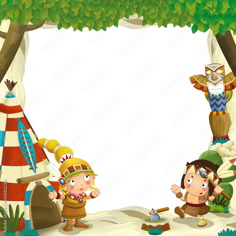 Fototapeta premium Cartoon frame for different usage native american characters husband with a spear and wife standing near the tee pee