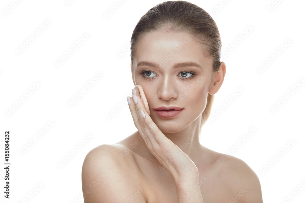 Beauty Cosmetics. Beautiful Woman Applying Powder With Puff Beauty Cosmetics. Beautiful Woman Applying Powder With Puff