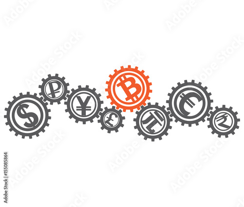 The concept of a global monetary system including bitcoin. Vector illustration