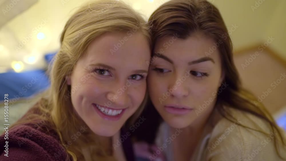 Closeup Of Best Friends Smiling And Making Funny Faces For Selfies Closeup Of Best Friends Smiling And Making Funny Faces For Selfies