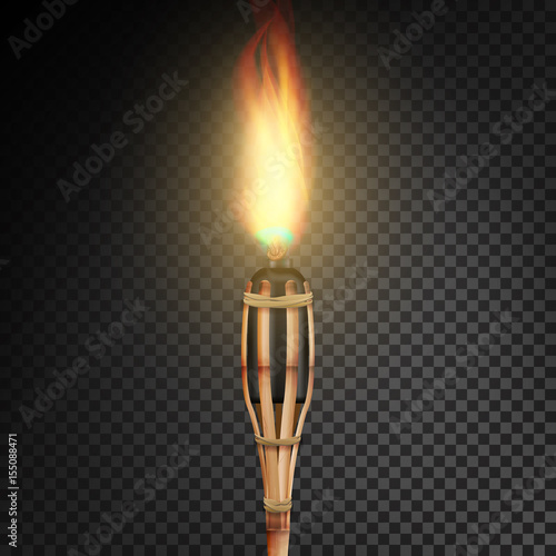 Burning Beach Bamboo Torch With Flame. Realistic Fire. Realistic Fire Torch Isolated On Transparent Background. Vector Illustration