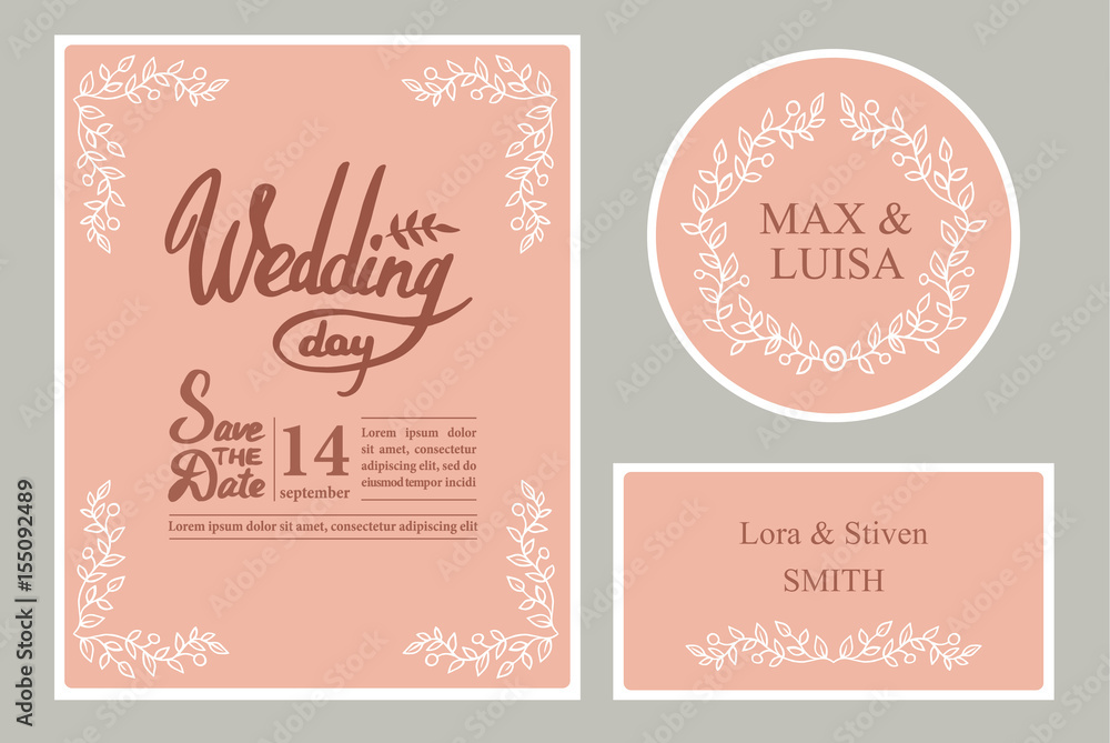 A set of graphic elements for the wedding on a pink background. Frames of leaflets. twigs. Invitation cards