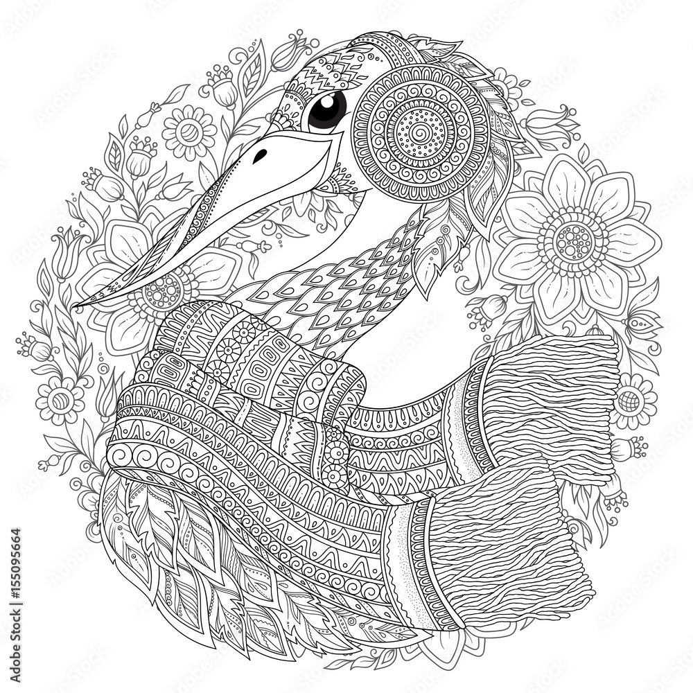 Fototapeta premium Strok, fantastic flowers, branches, leaves. For anti stress Coloring Page .