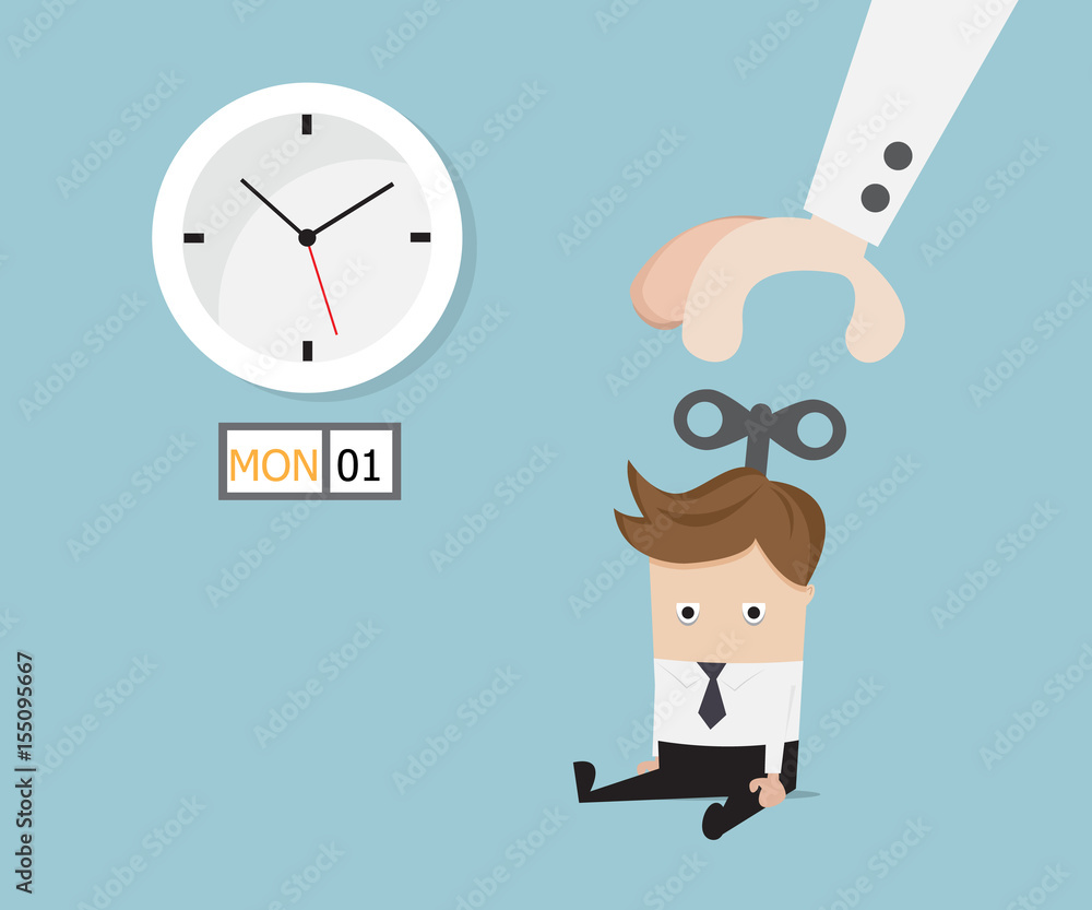 businessman sitting tired with hand turn on wind up businessman sitting tired with hand turn on wind up