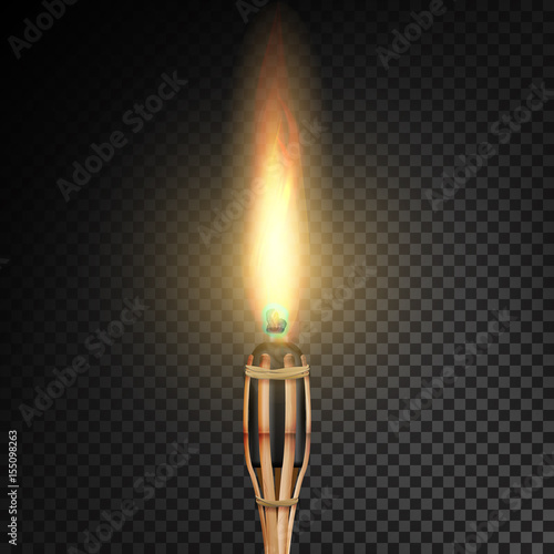 Burning Beach Bamboo Torch With Flame. Realistic Fire. Realistic Fire Torch Isolated On Transparent Background. Vector Illustration