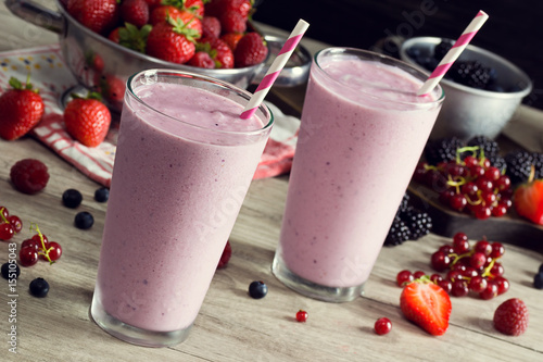 Mixed Berry Smoothie or Shake and Ingredients on Table