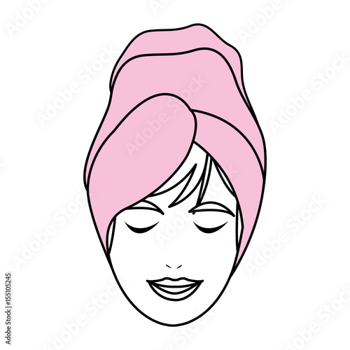 color silhouette with woman face with towel in head vector illustration