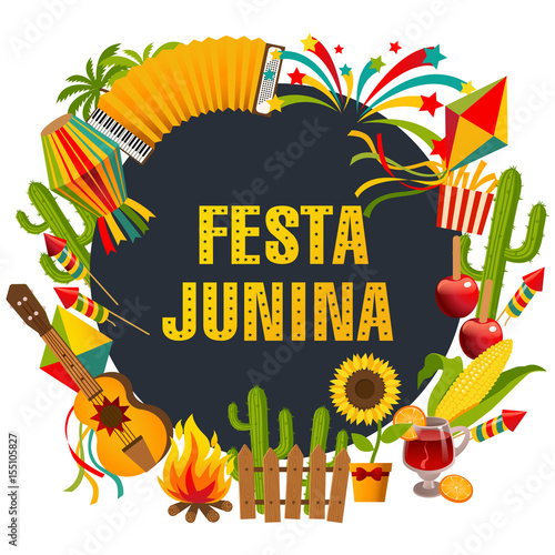 Festa junina cartoon background with decorative frame consisting of traditional celebration symbols flat vector illustration