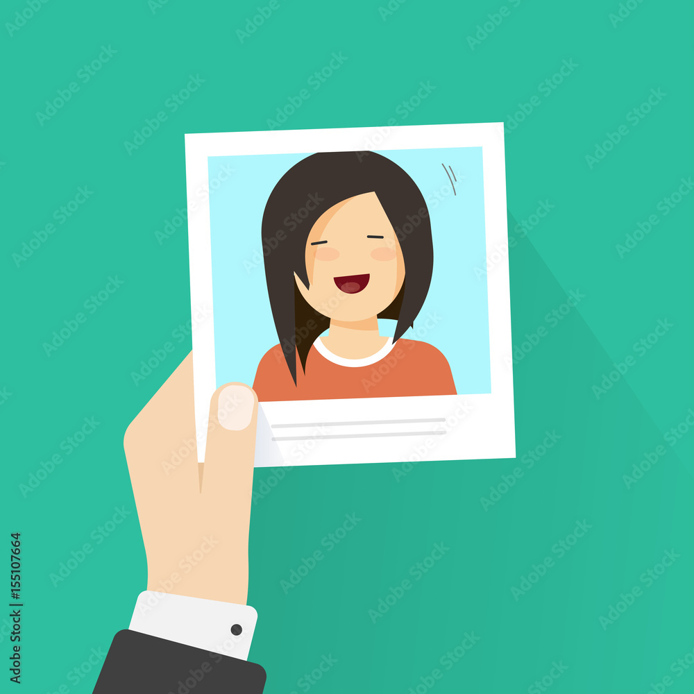 Hand holding paper photo frame with happy girl pic vector illustration flat cartoon style, concept of good time memory, photography of woman person isolated Hand holding paper photo frame with happy girl pic vector illustration flat cartoon style, concept of good time memory, photography of woman person isolated