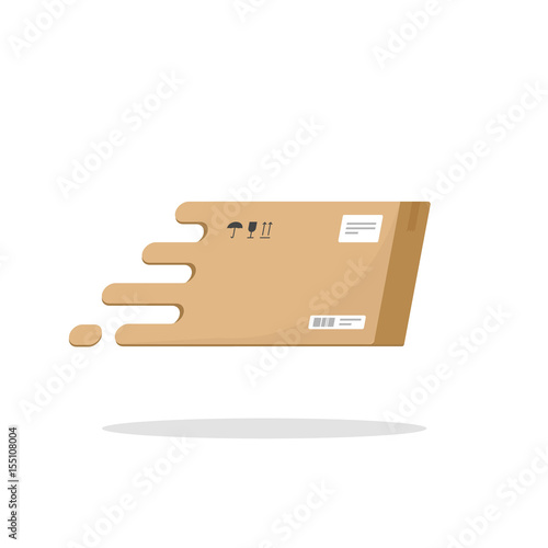 Fast delivery box flying vector icon flat cartoon style, carton package parcel box logotype, fast shipping logo symbol isolated on white