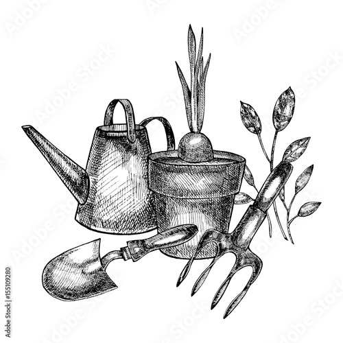 Grafic illustration of garden tools. Isolated on white background.