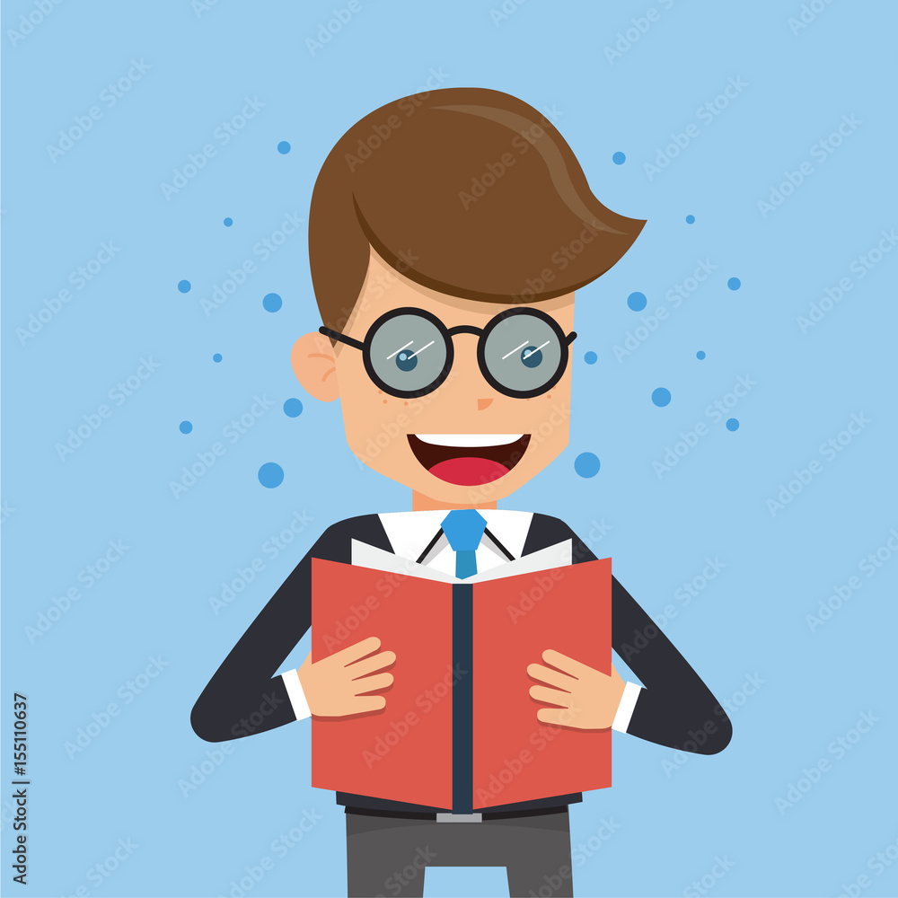 Businessman in Suit Wear Glasses and Reading Book. Concept business vector illustration Flat Style.