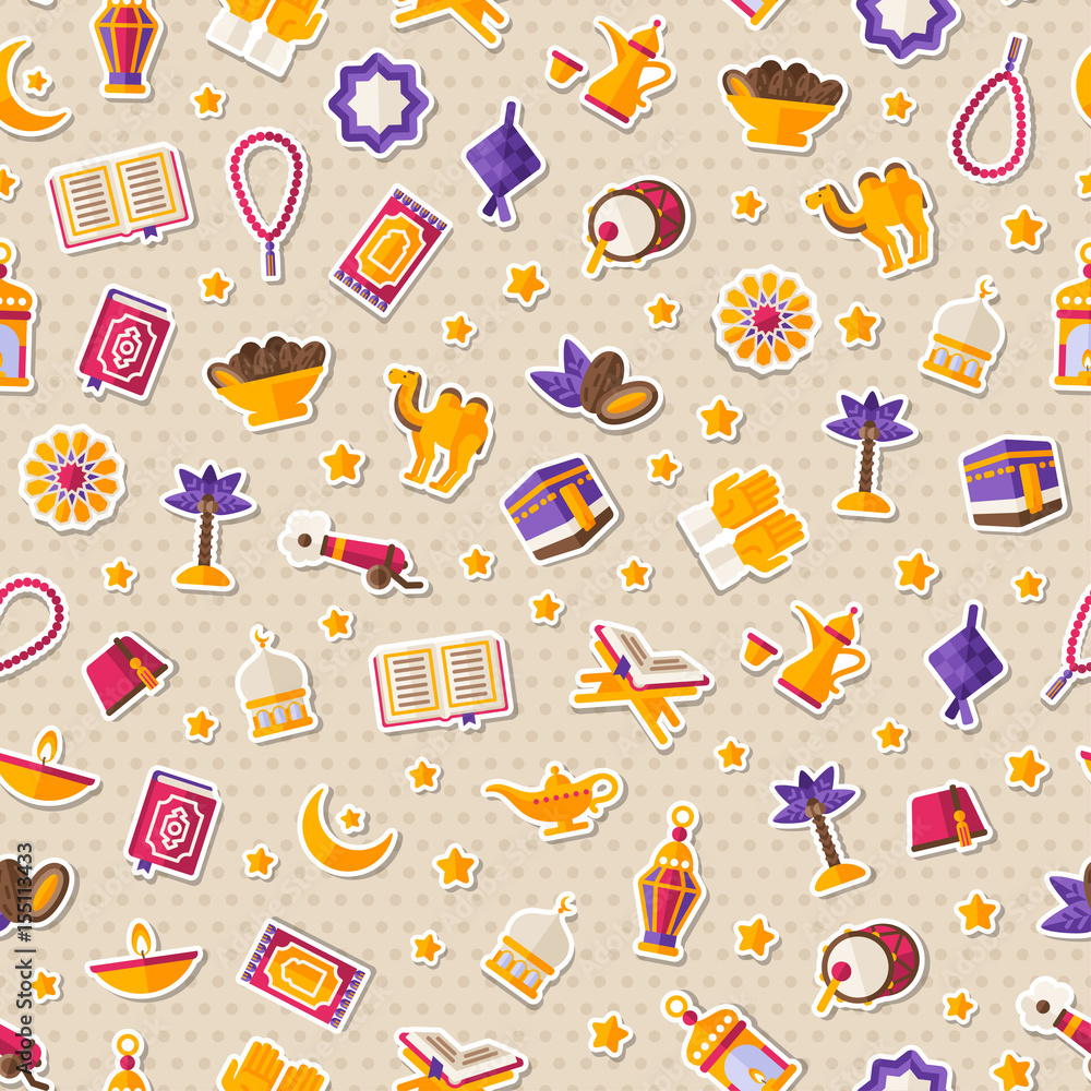 Seamless pattern with arabic flat icons stickers