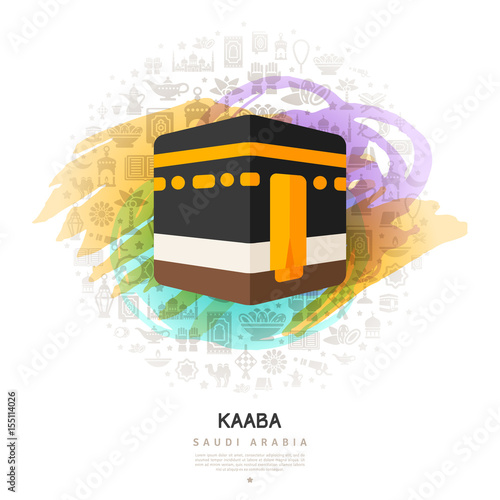 Kaaba icon on colorful watercolor background