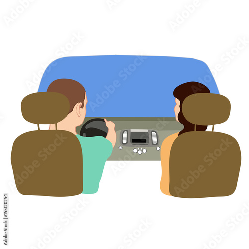 Vector illustration depicting a driver and a passenger in the car from behind