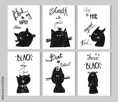 Hand Drawn Vector Cart Template Set With Black Cartoon Cats And Quotes About Black Colour Cute Cards Template Isolated On White Background Stock Vector Adobe Stock