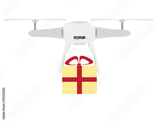 Air drone carrying New Year, Christmas or birthday gift box. White Quadcopter delivering a package – new technologies of remote logistics. Flat style vector illustration.