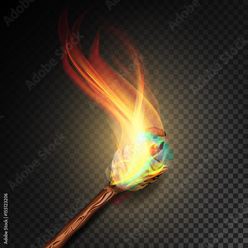 Torch With Flame. Realistic Fire. Realistic Fire Torch Isolated On Transparent Background. Vector Illustration