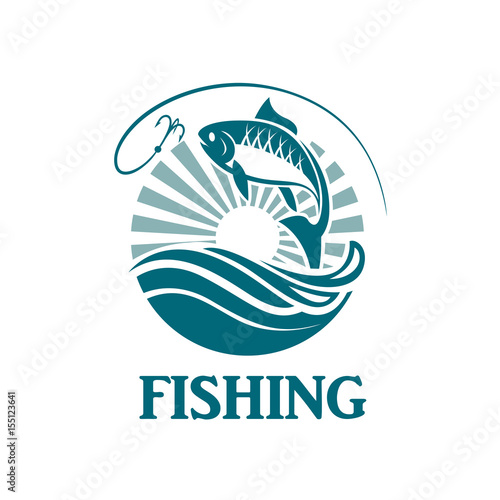 illustration of fishing emblem with waves and hook  