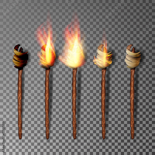 Torch With Flame. Realistic Fire. Realistic Fire Torch Isolated On Transparent Background. Vector Illustration