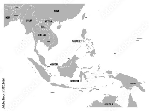 South East Asia political map. Grey land on white background with black country name labels. Simple flat vector illustration.