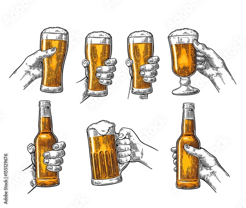 Man and woman hands holding, clinking with beer glass, bottle