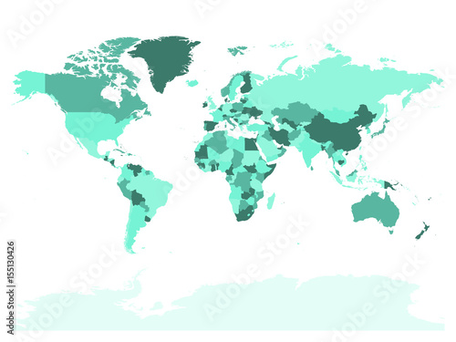 Fototapeta Naklejka Na Ścianę i Meble -  World map in four shades of turquoise on white background. High detail blank political map. Vector illustration with labeled compound path of each country.