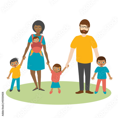 Mixed race family with three children. Cartoon ilustration, vector.