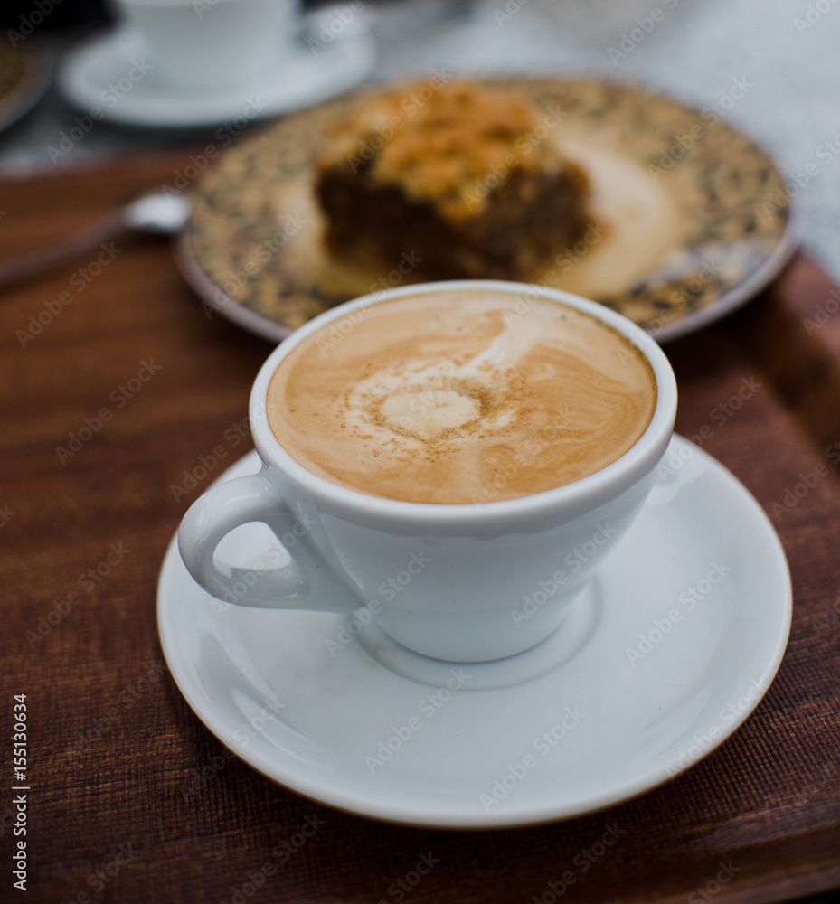 close up on coffee with Apple cake on background close up on coffee with Apple cake on background