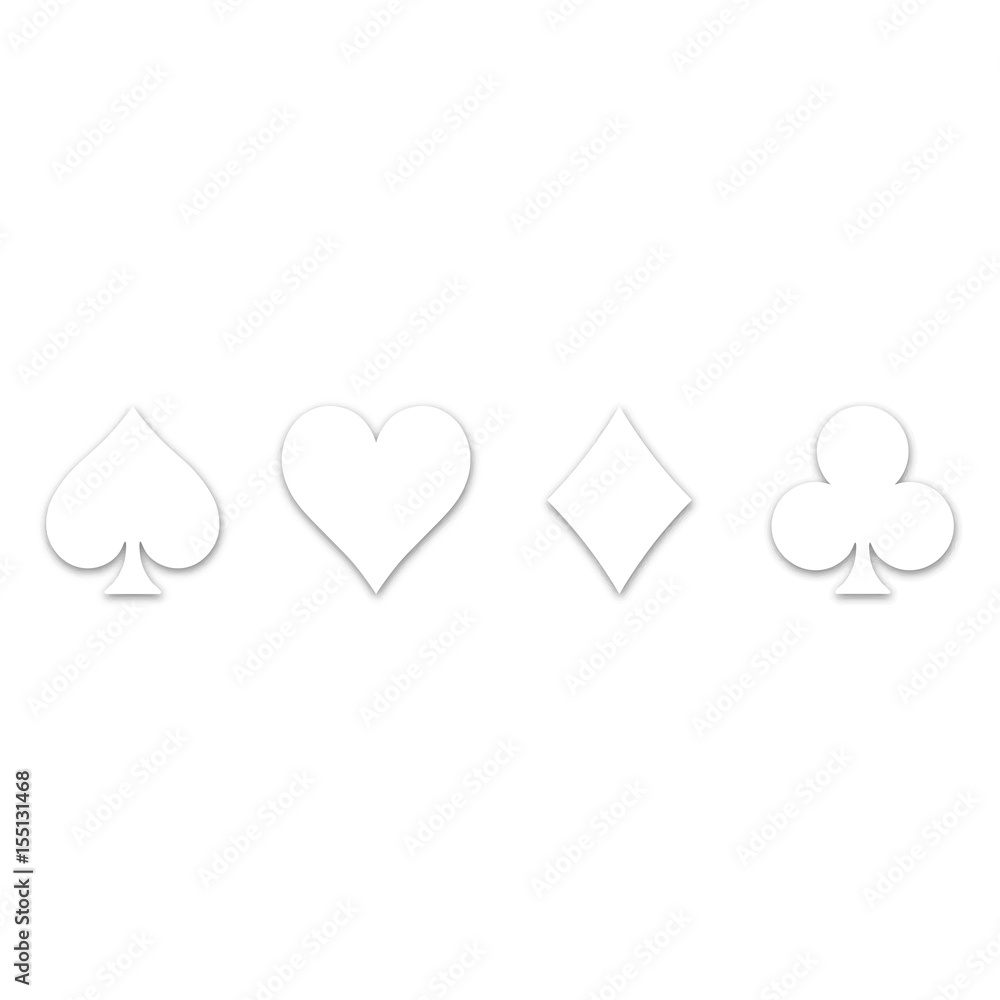 Poker card suits - hearts, clubs, spades and diamonds. Casino gambling theme vector illustration. White embossed shapes withshadow on white background. Poker card suits - hearts, clubs, spades and diamonds. Casino gambling theme vector illustration. White embossed shapes withshadow on white background.