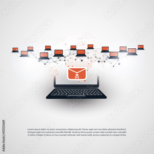 Network Vulnerability - Virus, Malware, Ransomware, Fraud, Spam, Phishing, Email Scam, Hacker Attack - IT Security Concept Design, Vector illustration