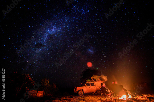 Camping with campfire and stars.