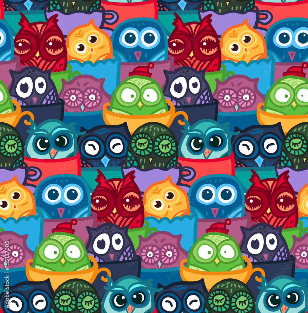Hand Drawn Funny Owl in Cup. Owls seamless pattern for print, fabric, wrap and illustration, game, web and children's items. Good morning or good night. Vector Hand Drawn Funny Owl in Cup. Owls seamless pattern for print, fabric, wrap and illustration, game, web and children's items. Good morning or good night. Vector
