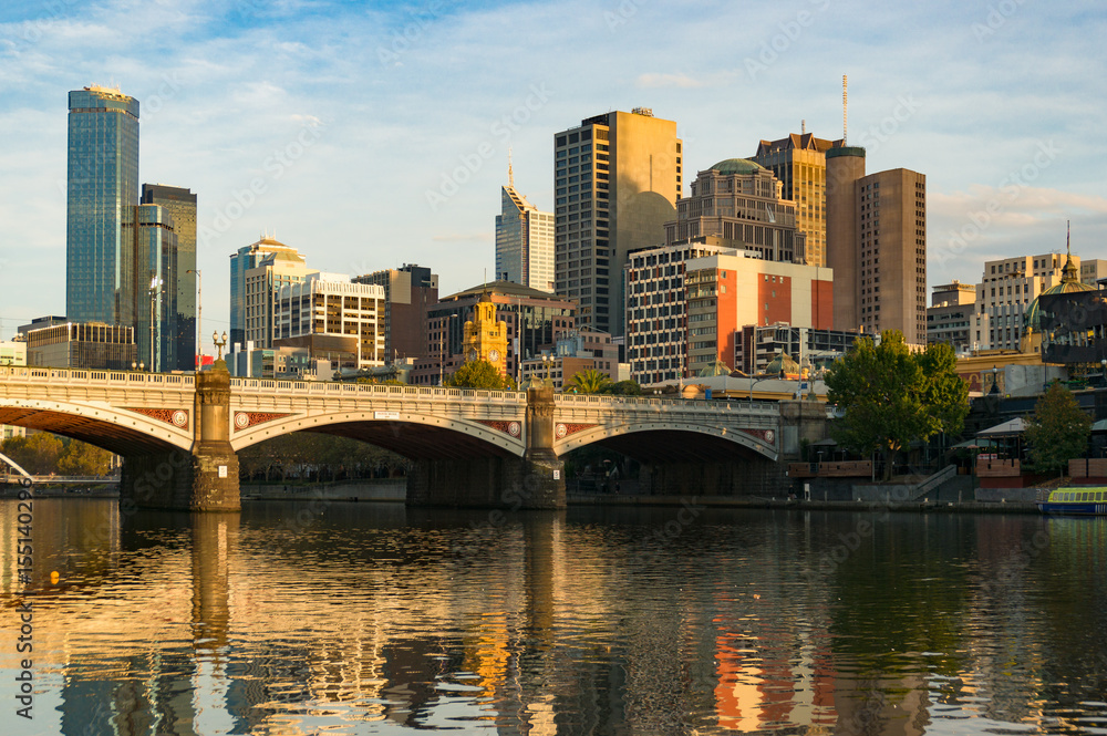 Princes bridge over Yarra river and Melbourne CBD landscape