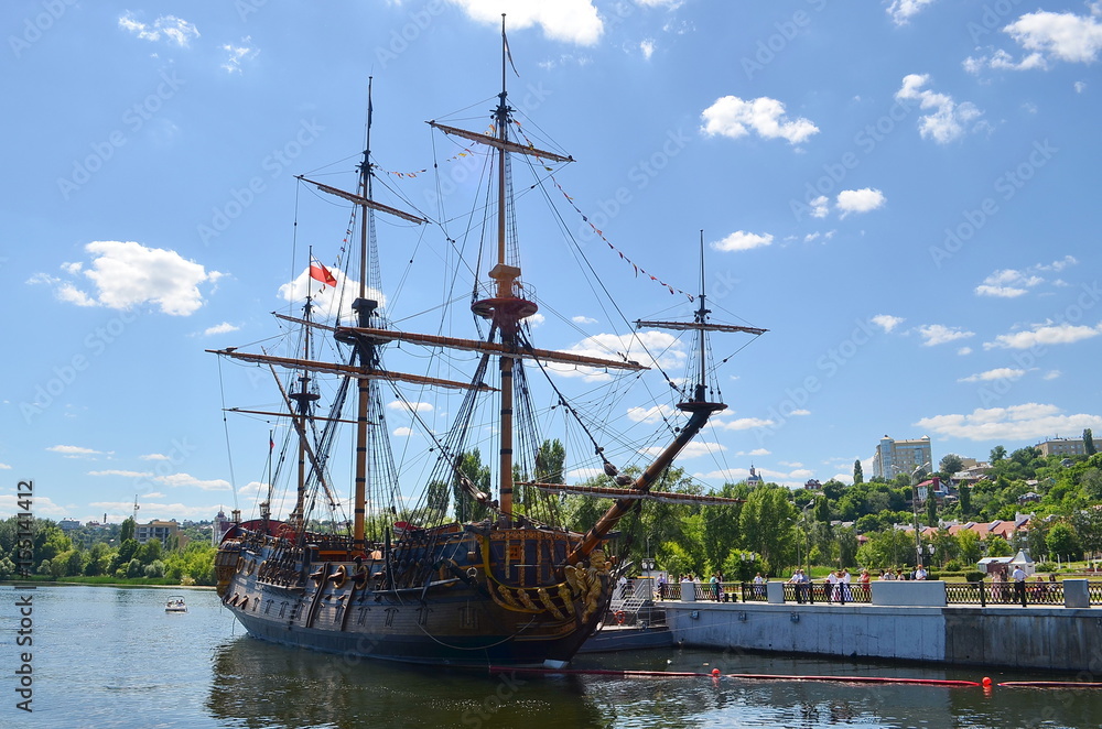 Φωτογραφία VORONEZH, RUSSIAN FEDERATION - JUNE 13, 2015: Replica of the Goto Predestination, literally The Providence of God (designed of Peter the First)- Russian sailing Full rigged linear ship, built in 2014