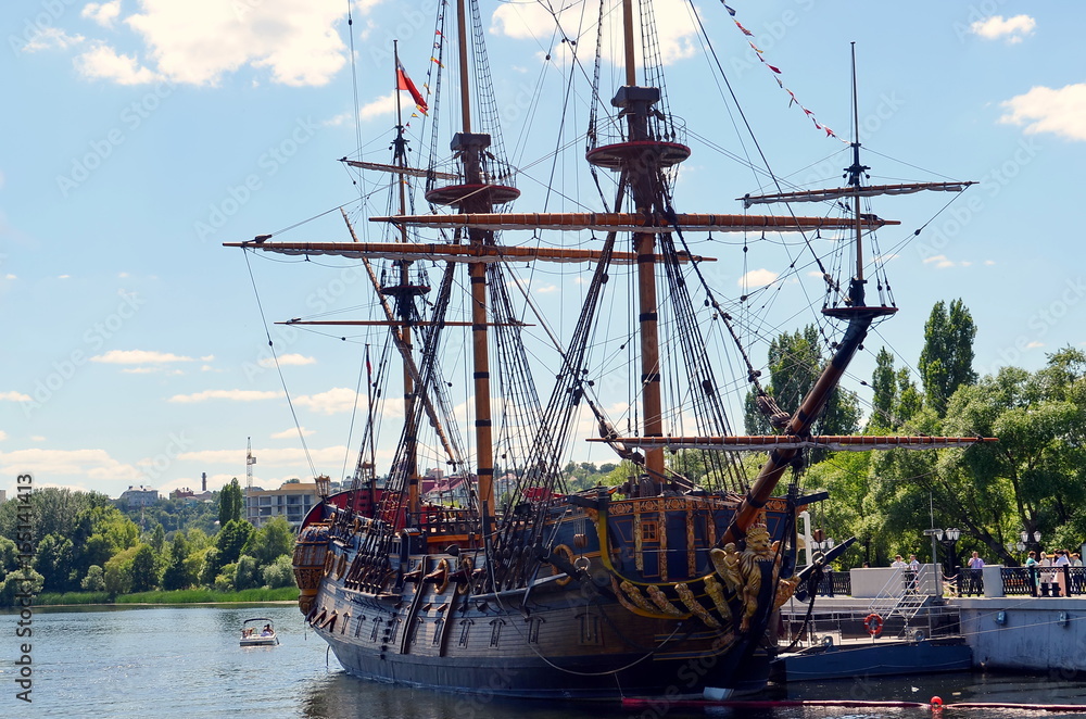 Φωτογραφία VORONEZH, RUSSIAN FEDERATION - JUNE 13, 2015: Replica of the Goto Predestination, literally The Providence of God (designed of Peter the First)- Russian sailing Full rigged linear ship, built in 2014