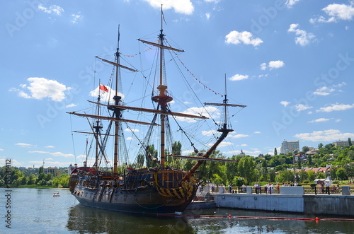 VORONEZH, RUSSIAN FEDERATION - JUNE 13, 2015: Replica of the Goto Predestination, literally The Providence of God (designed of Peter the First)- Russian sailing Full rigged linear ship, built in 2014.