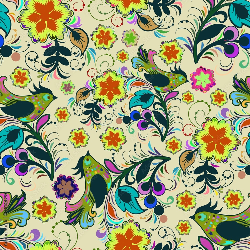 Obraz premium Seamless repeating pattern of multi-colored birds