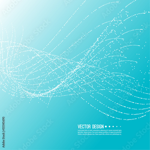 Abstract techno background with atom, molecule in waves. Technology, technical vector. Dynamic stream fragments of neurons dot. Sprayed circle particles in force field array.