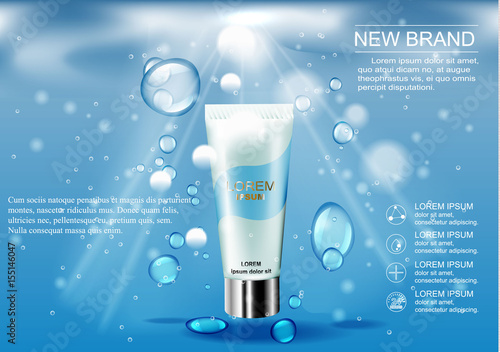 3D illustration poster with moisturizing cosmetic premium products, blue background with beautiful tubes and beams of light.