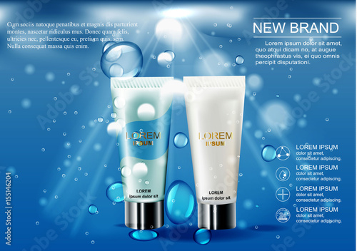 3D illustration poster with moisturizing cosmetic premium products, blue background with beautiful tubes and beams of light.