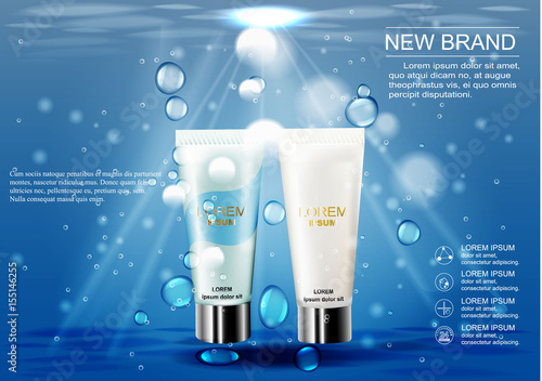 3D illustration poster with moisturizing cosmetic premium products, blue background with beautiful tubes and beams of light.